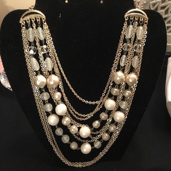 Silvertone Chains with White Beads and Faux Pearls Necklace - Picture 4 of 7